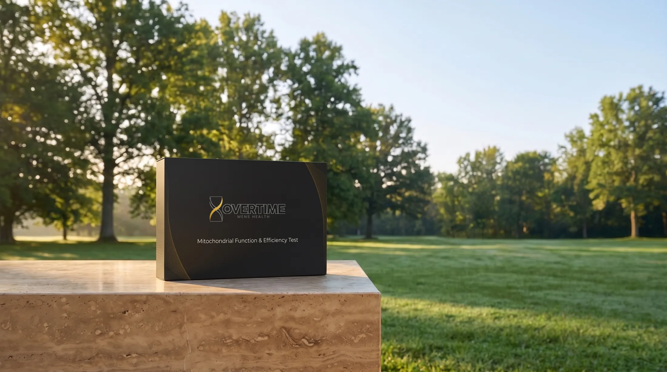 The Overtime mitochondria test kit standing on a stone block on a sunlit lawn
